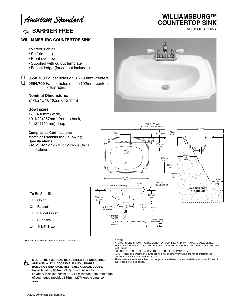 American Standard Williamsburg 0554.700 User Manual | 1 page