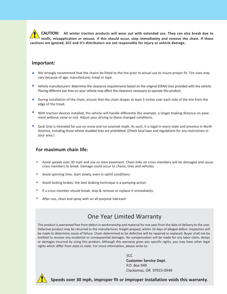 One year limited warranty | Security Chain Co (SCC) Quik Grip CAM Dual User Manual | Page 3 / 3
