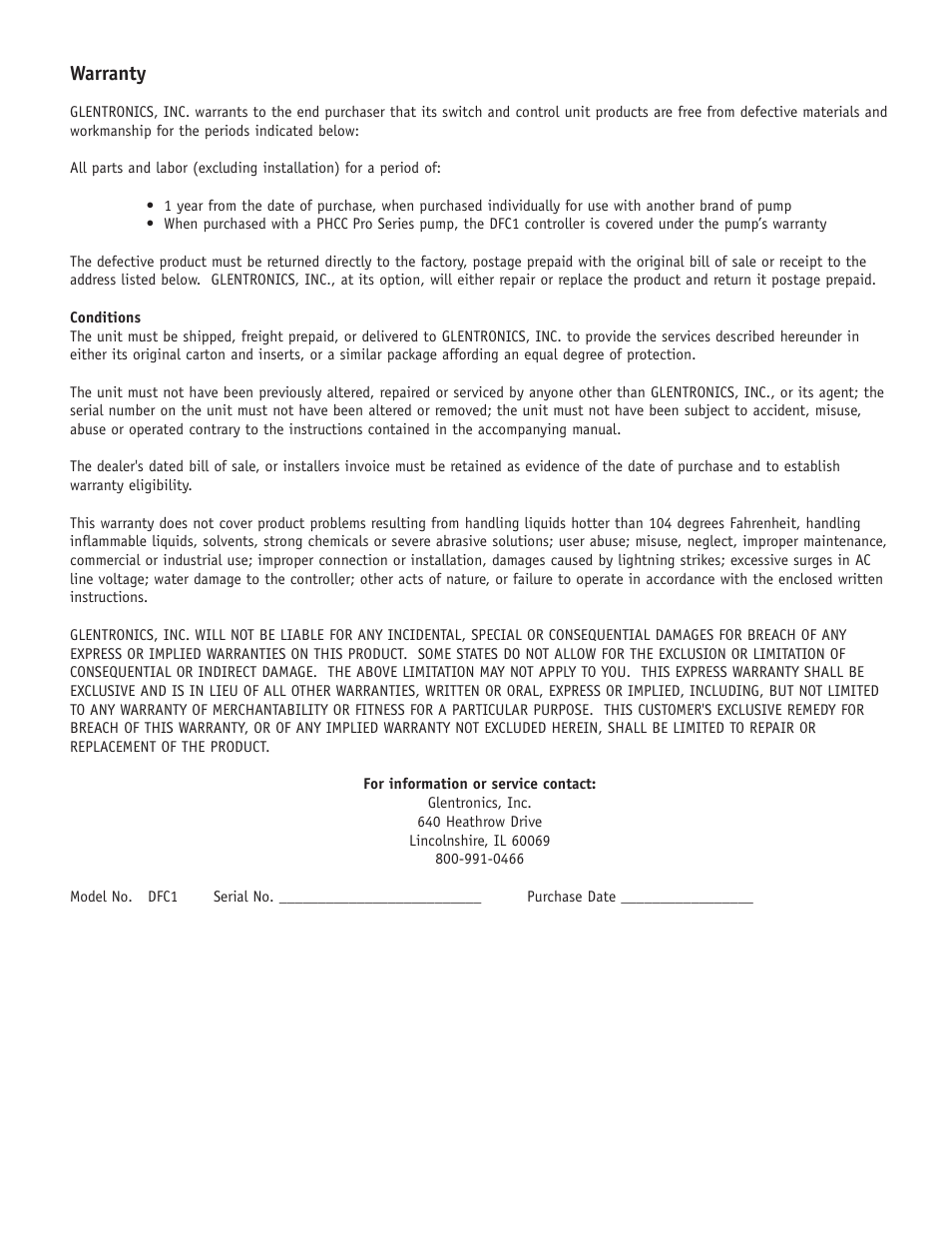 Warranty | PHCC Pro Series DFC1 Dual Float Controller User Manual | Page 2 / 2
