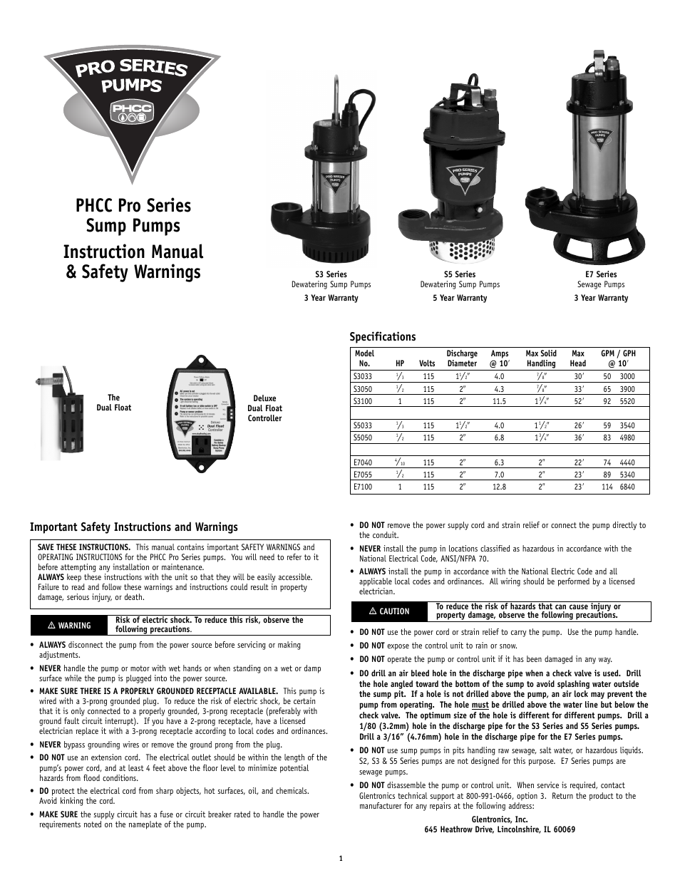 PHCC Pro Series S5 - S5 Series Sump Pump User Manual | 4 pages