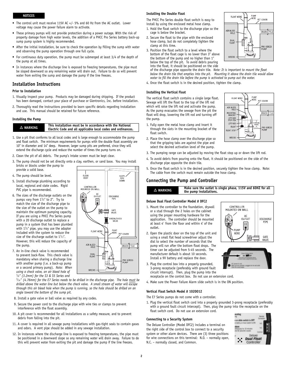 Installation instructions, Connecting the pump and controller | PHCC Pro Series S5 - S5 Series Sump Pump User Manual | Page 2 / 4