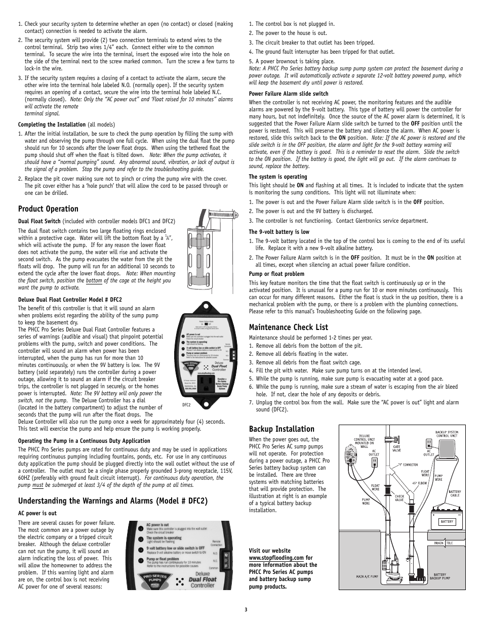 Product operation, Maintenance check list, Backup installation | PHCC Pro Series S5 - S5 Series Sump Pump User Manual | Page 3 / 4
