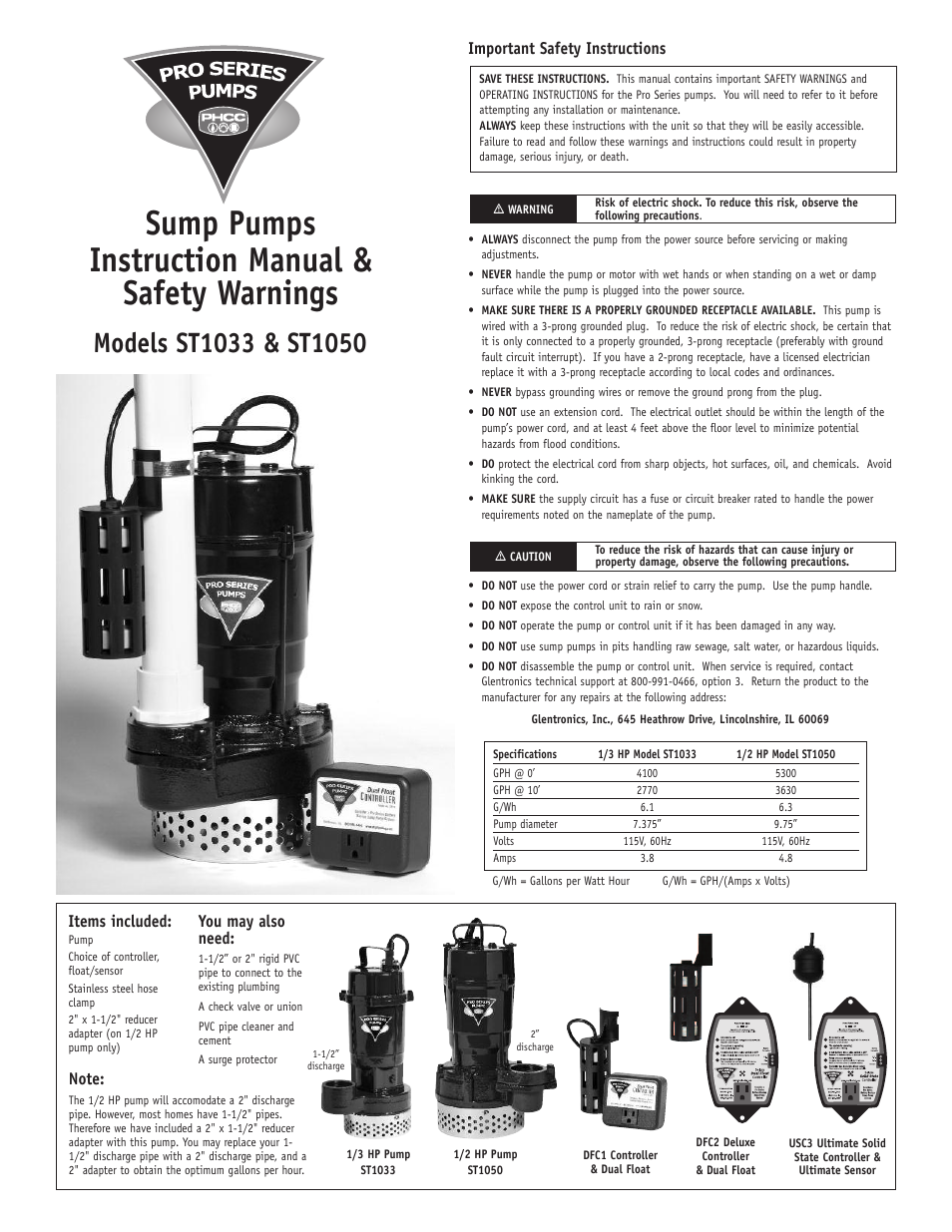 PHCC Pro Series ST1050 Sump Pump User Manual | 4 pages