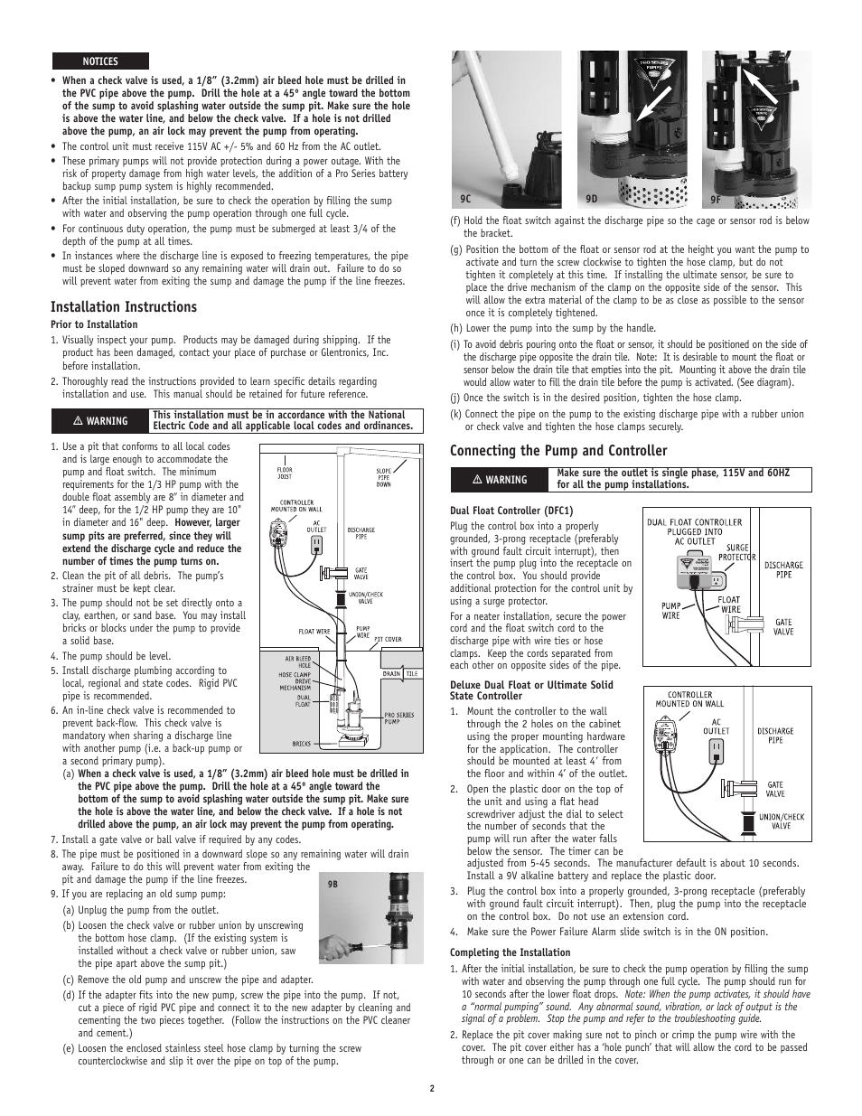 Installation instructions, Connecting the pump and controller | PHCC Pro Series ST1050 Sump Pump User Manual | Page 2 / 4