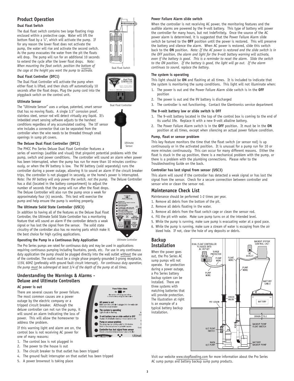 Product operation, Maintenance check list, Backup installation | PHCC Pro Series ST1050 Sump Pump User Manual | Page 3 / 4