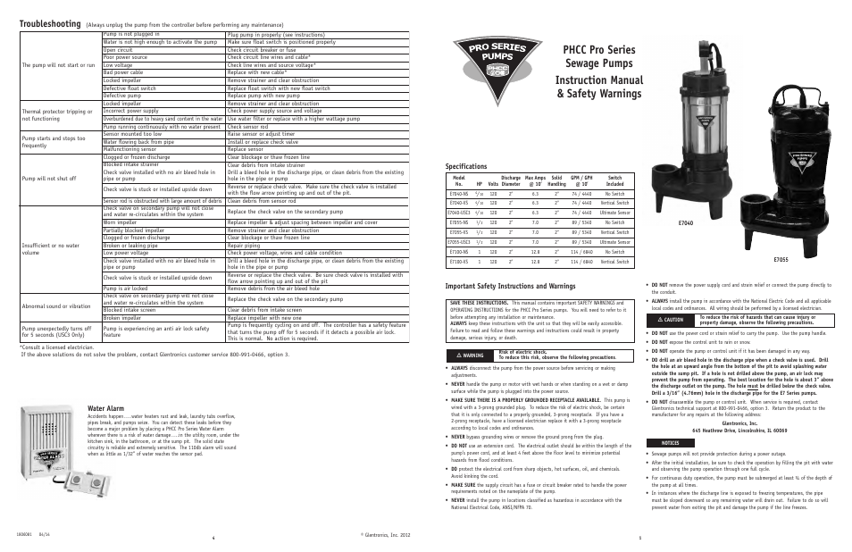 PHCC Pro Series E7 – E7 Series Sewage Pump User Manual | 4 pages