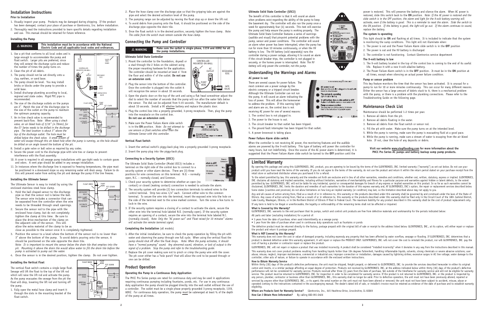 Limited warranty, Installation instructions, Connecting the pump and controller | Product operation, Understanding the warnings and alarms, Maintenance check list | PHCC Pro Series E7 – E7 Series Sewage Pump User Manual | Page 2 / 4