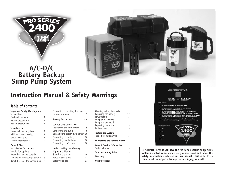 PHCC Pro Series Pro Series 2400 Battery Backup Sump Pump System User Manual | 20 pages