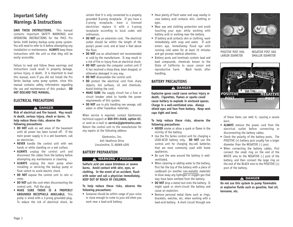 Important safety warnings & instructions | PHCC Pro Series Pro Series 2400 Battery Backup Sump Pump System User Manual | Page 2 / 20