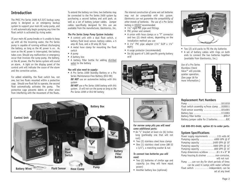 Introduction | PHCC Pro Series Pro Series 2400 Battery Backup Sump Pump System User Manual | Page 3 / 20