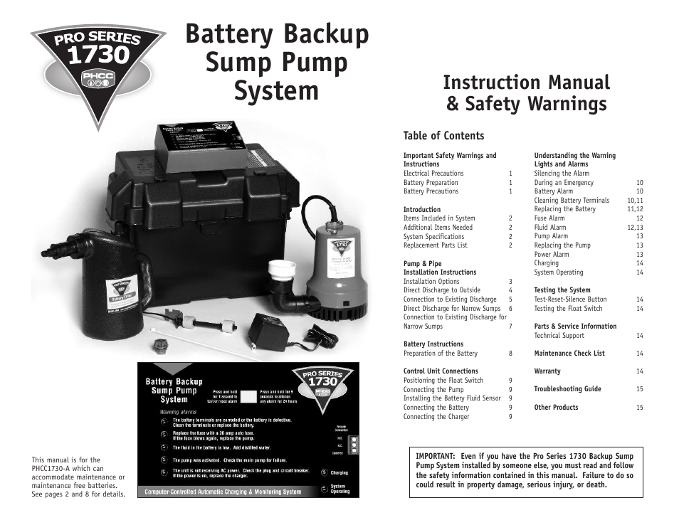 PHCC Pro Series Pro Series 1730 Battery Backup Sump Pump System User Manual | 16 pages