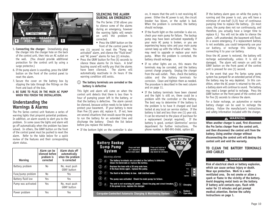 Understanding the warnings & alarms | PHCC Pro Series Pro Series 1730 Battery Backup Sump Pump System User Manual | Page 11 / 16