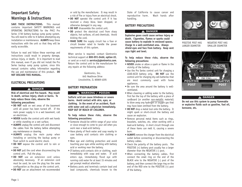Important safety warnings & instructions | PHCC Pro Series Pro Series 1730 Battery Backup Sump Pump System User Manual | Page 2 / 16