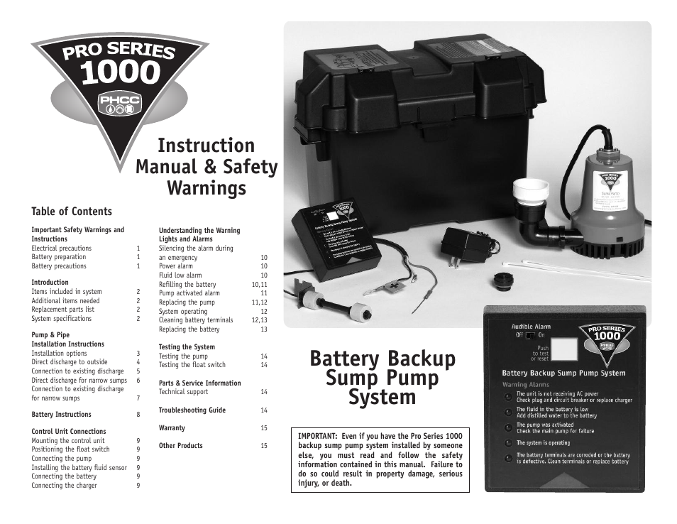 PHCC Pro Series Pro Series 1000 Battery Backup Sump Pump System (with silence switch) User Manual | 16 pages