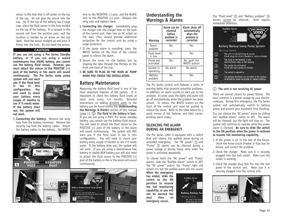 Battery maintenance, Understanding the warnings & alarms | PHCC Pro Series Pro Series 1000 Battery Backup Sump Pump System (with silence switch) User Manual | Page 11 / 16