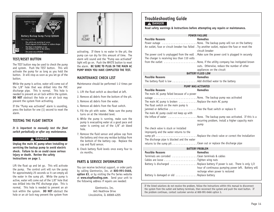 Troubleshooting guide | PHCC Pro Series Pro Series 1000 Battery Backup Sump Pump System (with silence switch) User Manual | Page 15 / 16