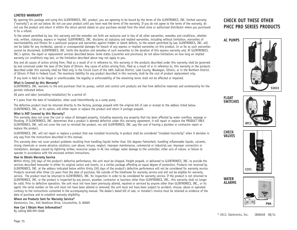 Check out these other phcc pro series products | PHCC Pro Series Pro Series 1000 Battery Backup Sump Pump System (with silence switch) User Manual | Page 16 / 16