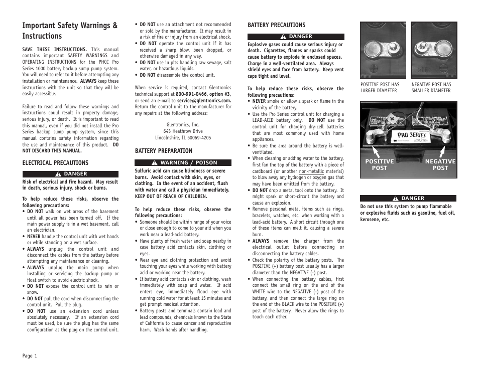 Important safety warnings & instructions | PHCC Pro Series Pro Series 1000 Battery Backup Sump Pump System (with silence switch) User Manual | Page 2 / 16