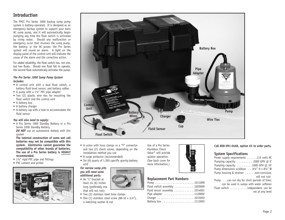 Introduction | PHCC Pro Series Pro Series 1000 Battery Backup Sump Pump System (with silence switch) User Manual | Page 3 / 16