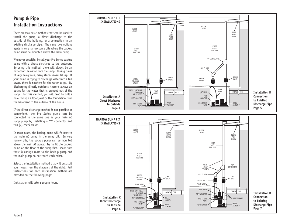 Pump & pipe installation instructions | PHCC Pro Series Pro Series 1000 Battery Backup Sump Pump System (with silence switch) User Manual | Page 4 / 16