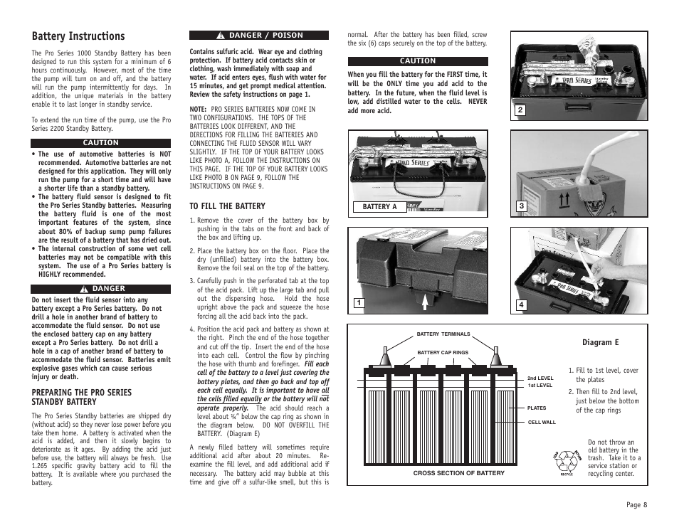 Battery instructions, Preparing the pro series standby battery | PHCC Pro Series Pro Series 1000 Battery Backup Sump Pump System (with silence switch) User Manual | Page 9 / 16