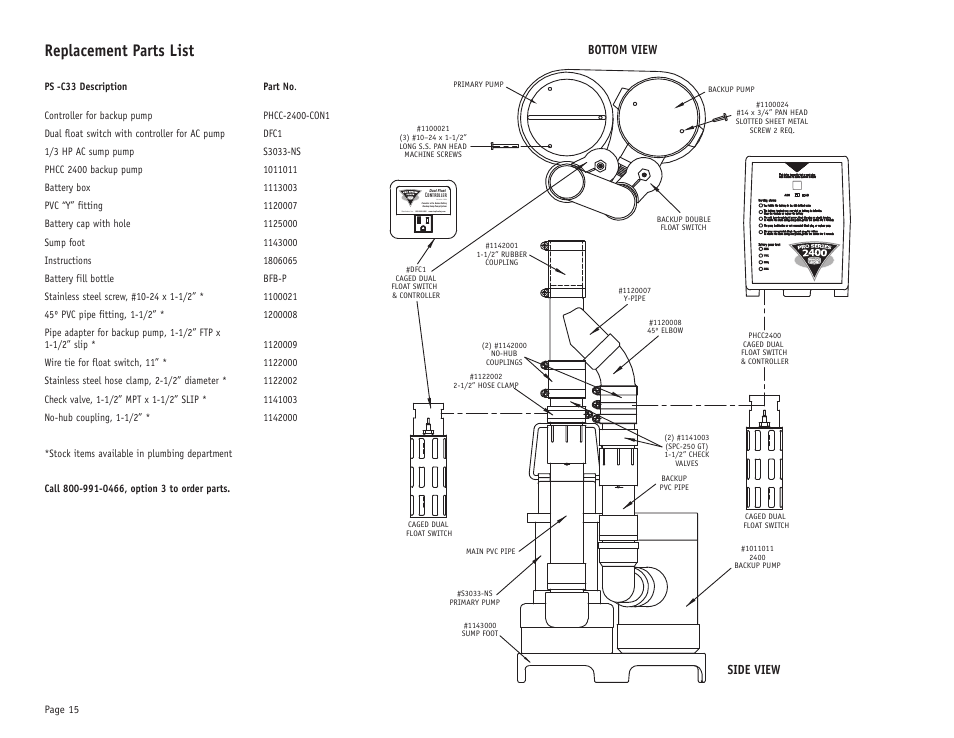 Replacement parts list, Model no. dfc1, Bottom view side view | PHCC Pro Series Pro Series C33 User Manual | Page 16 / 19