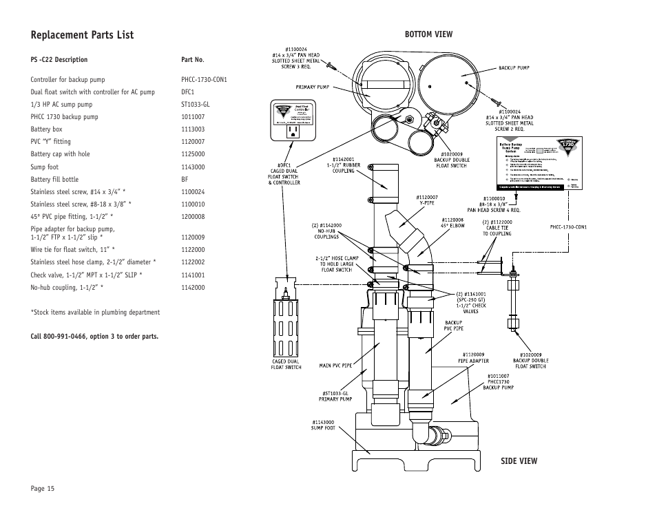 Replacement parts list | PHCC Pro Series Pro Series C22 User Manual | Page 16 / 19
