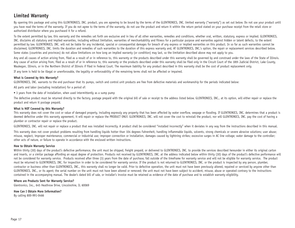 Limited warranty | PHCC Pro Series Pro Series C22 User Manual | Page 18 / 19