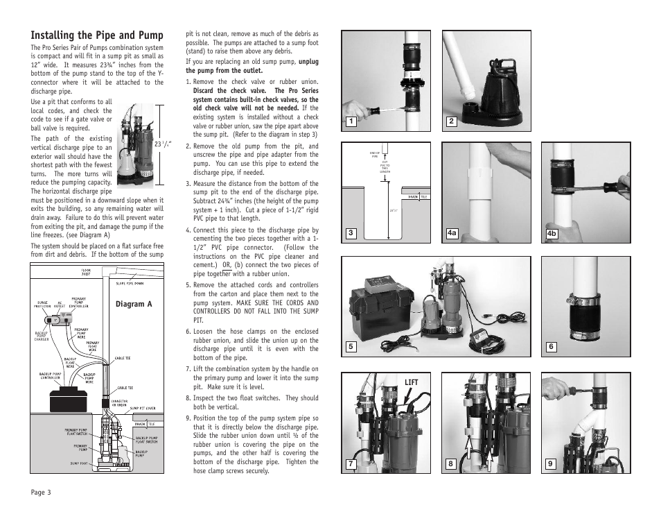 Installing the pipe and pump, Diagram a, Lift | PHCC Pro Series Pro Series C22 User Manual | Page 4 / 19