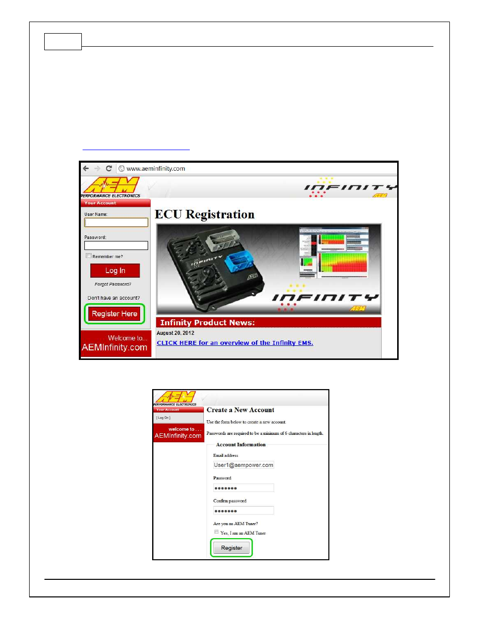 Account registration | AEM 30-71XX Infinity EMS Quick Start Guide User Manual | Page 14 / 53