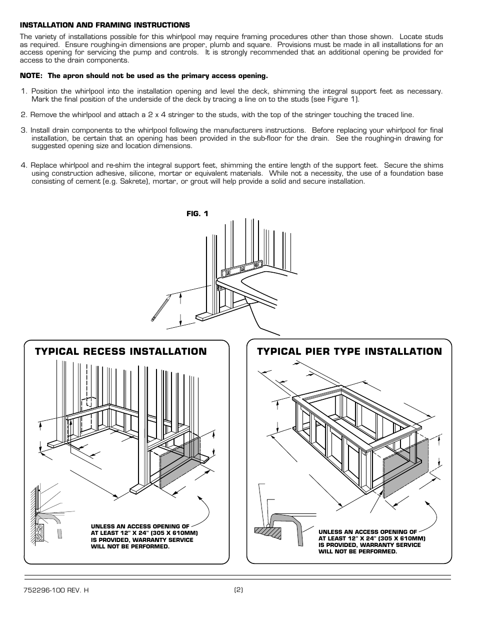 Typical recess installation, Typical pier type installation, Fig. 1 | American Standard Ellisse 2711.XXXW User Manual | Page 2 / 4