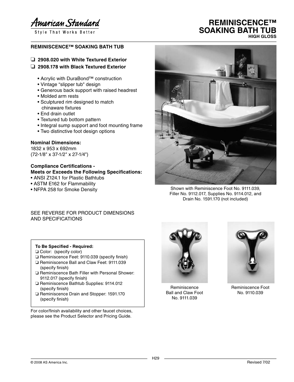 American Standard Reminiscence Soaking Bath Tub 2908.020 User Manual | 2 pages