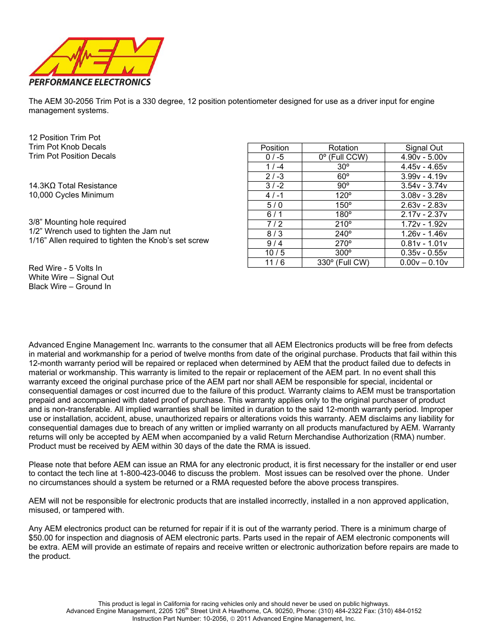 AEM 30-2056 Universal 12 Position Trim Pot User Manual | 1 page