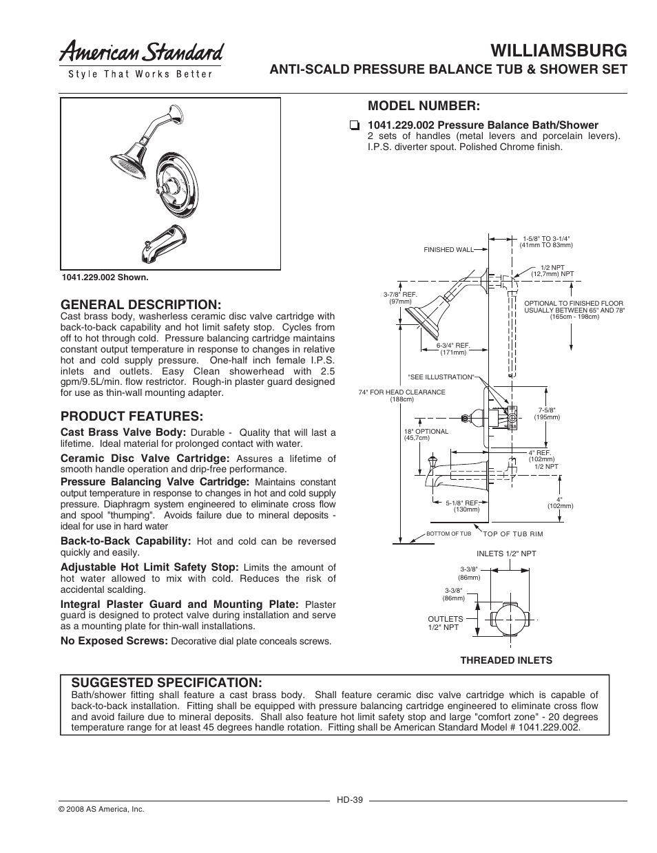 American Standard Williamsburg 1041.229.002 User Manual | 2 pages
