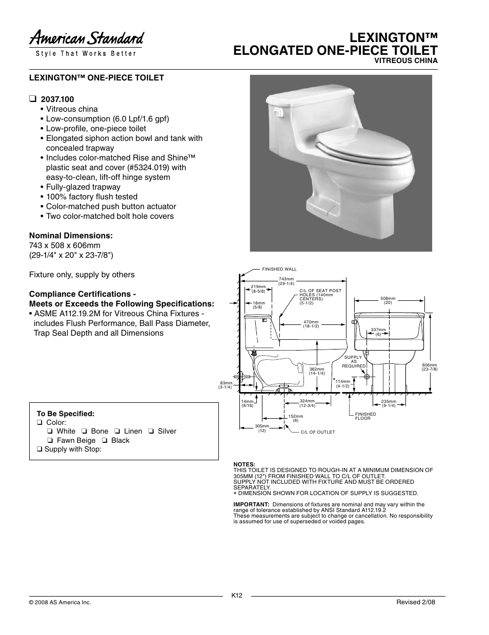 American Standard 2037.100 User Manual | 1 page