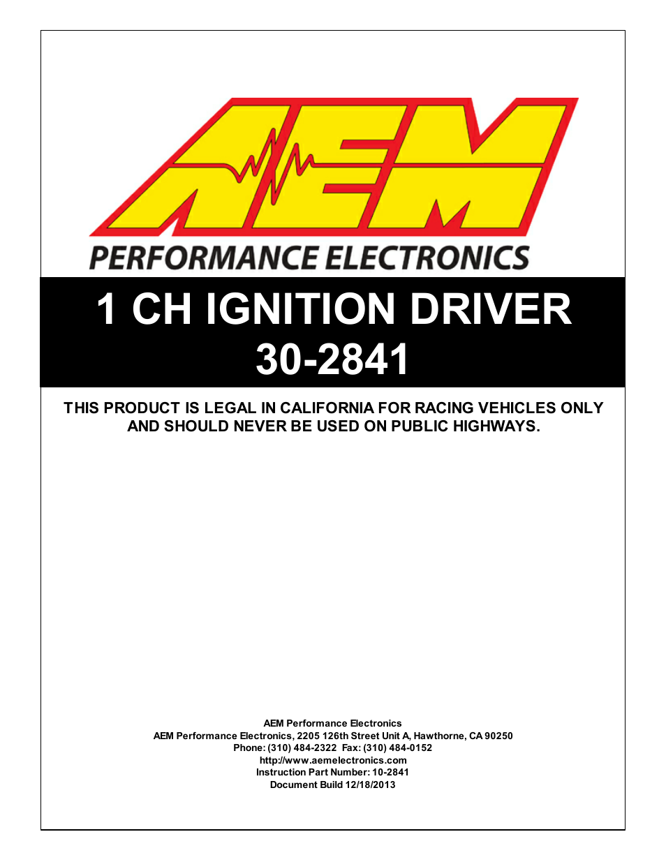 AEM 30-2841 1 Channel Coil Driver User Manual | 4 pages