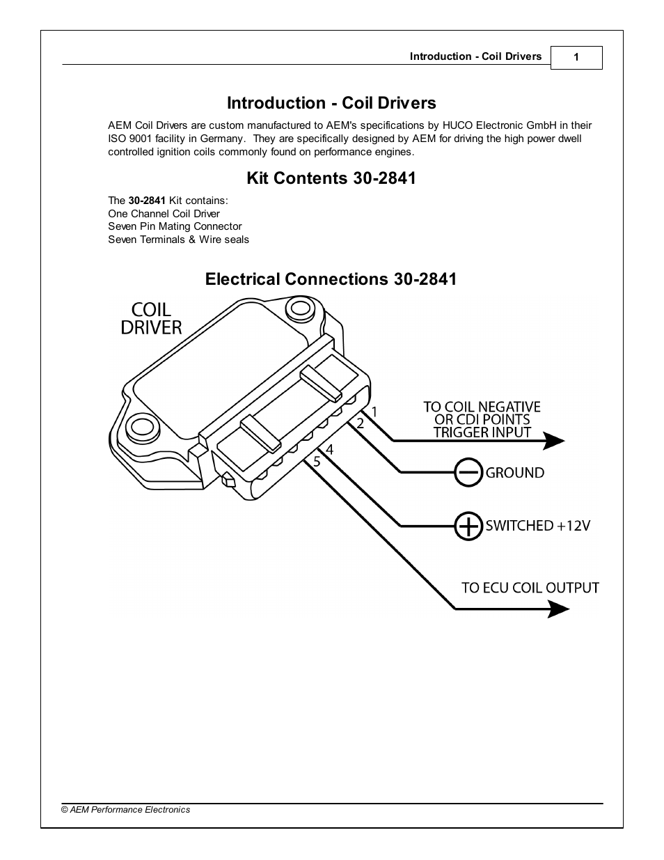 Introduction - coil drivers, Kit contents 30-2841, Electrical connections 30-2841 | Part i, Part ii, Part iii, 1introduction - coil drivers | AEM 30-2841 1 Channel Coil Driver User Manual | Page 3 / 4