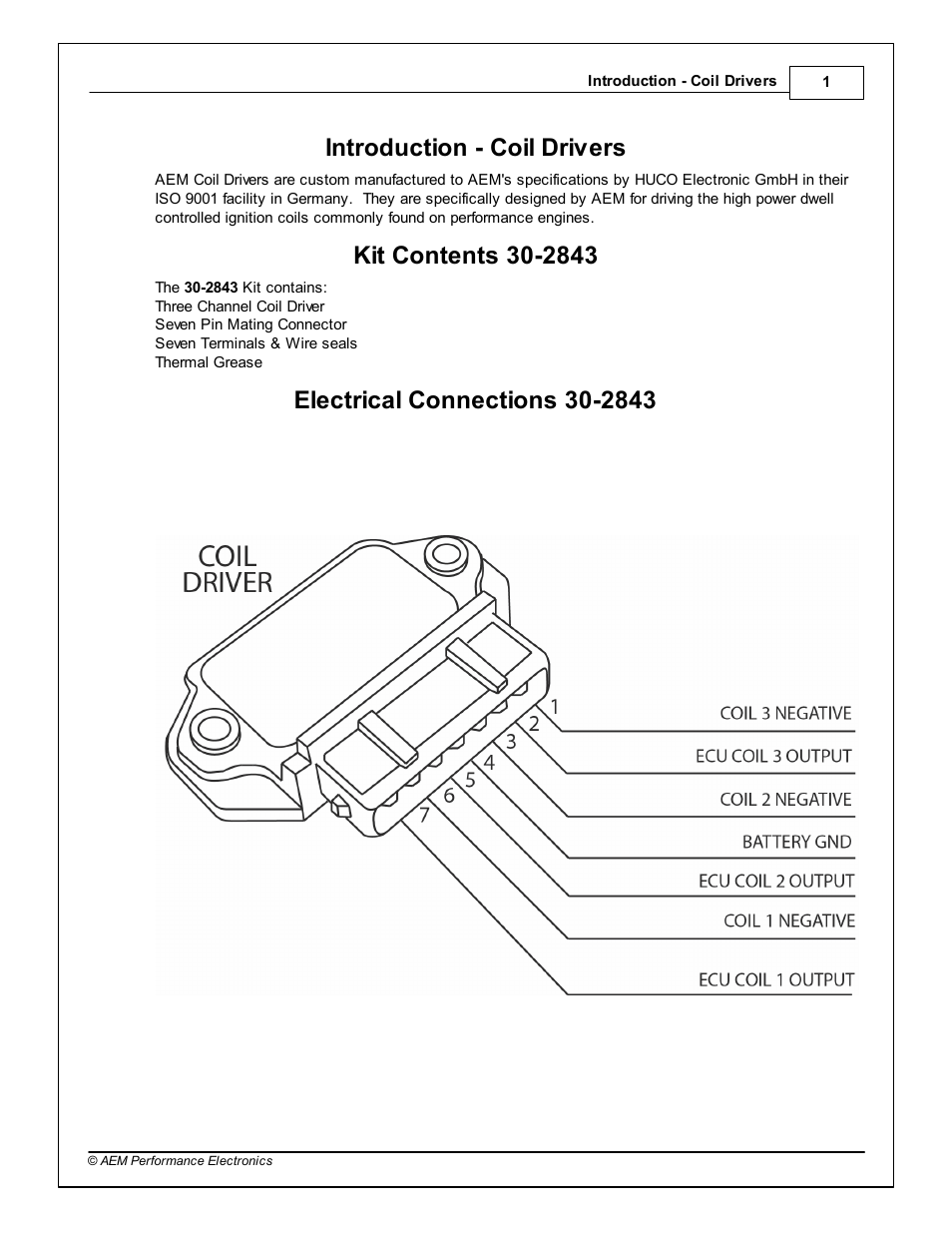 Introduction - coil drivers, Kit contents 30-2843, Electrical connections 30-2843 | Part i, Part ii, Part iii, 1introduction - coil drivers | AEM 30-2843 3 Channel Coil Driver User Manual | Page 3 / 4