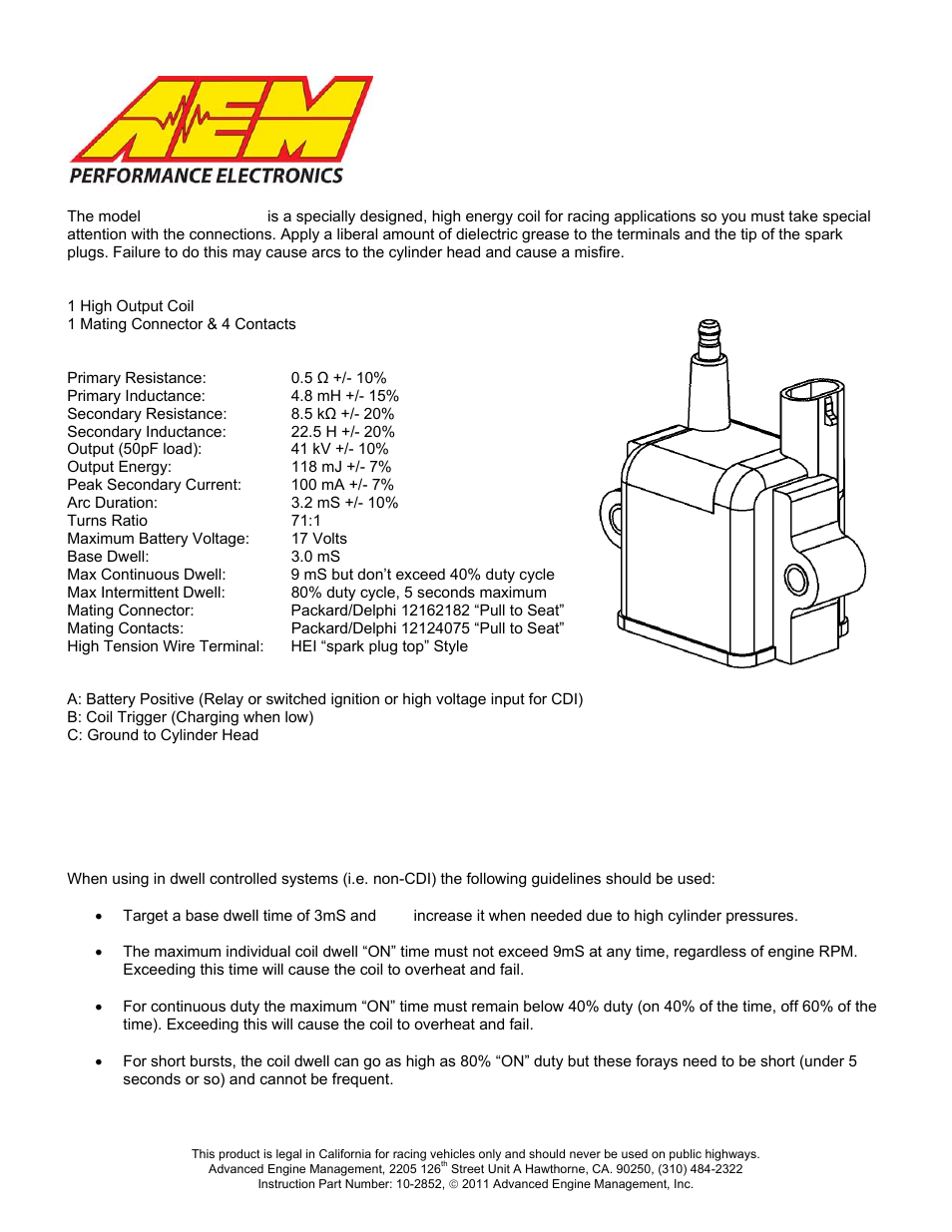 AEM 30-2852 High Output Inductive Coil User Manual | 4 pages