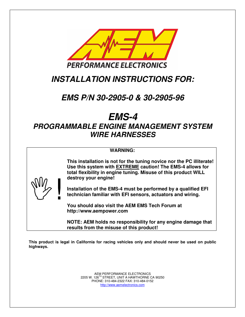 AEM 30-2905-96 EMS-4 Flying Lead Harness with Fuse and Relay Panel User Manual | 12 pages