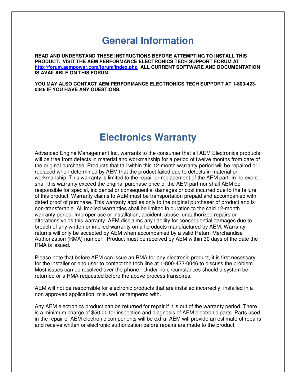 General information, Electronics warranty | AEM 30-2905-96 EMS-4 Flying Lead Harness with Fuse and Relay Panel User Manual | Page 2 / 12