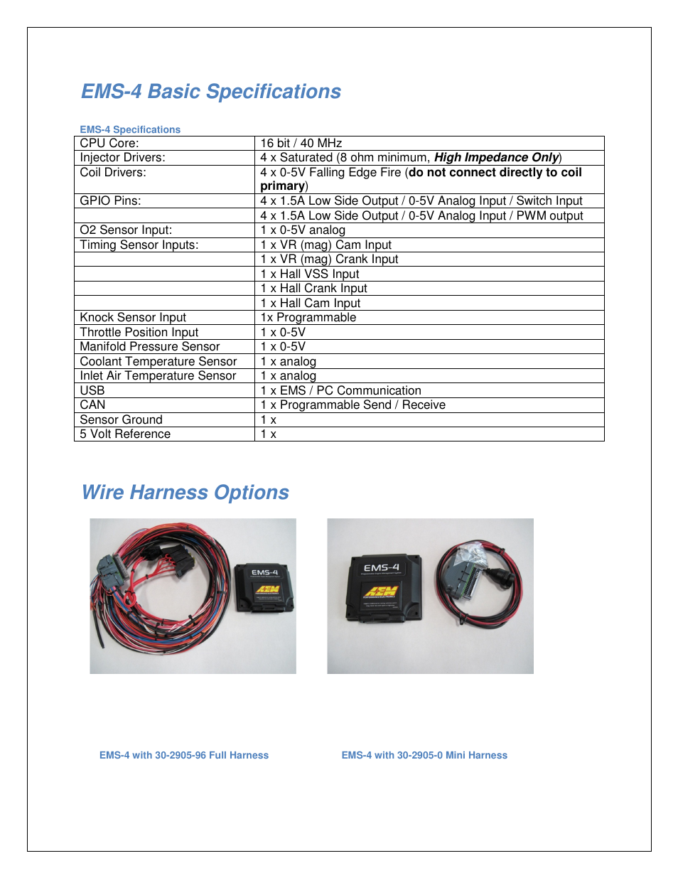 Ems-4 basic specifications, Wire harness options | AEM 30-2905-96 EMS-4 Flying Lead Harness with Fuse and Relay Panel User Manual | Page 3 / 12