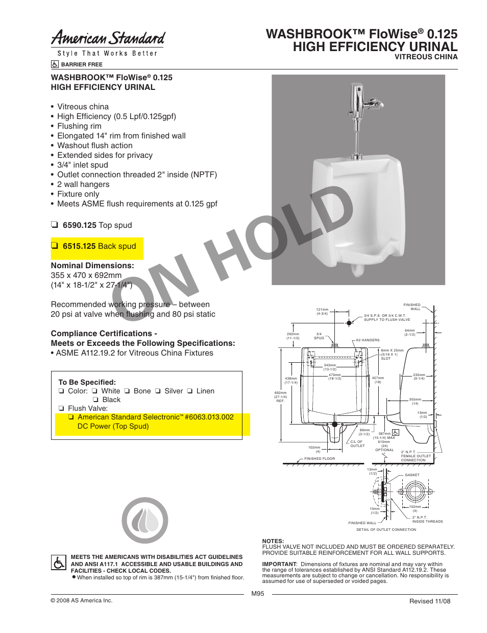 American Standard Washbrook FloWise 0.125 High Efficiency Urinal 6515.125 User Manual | 1 page