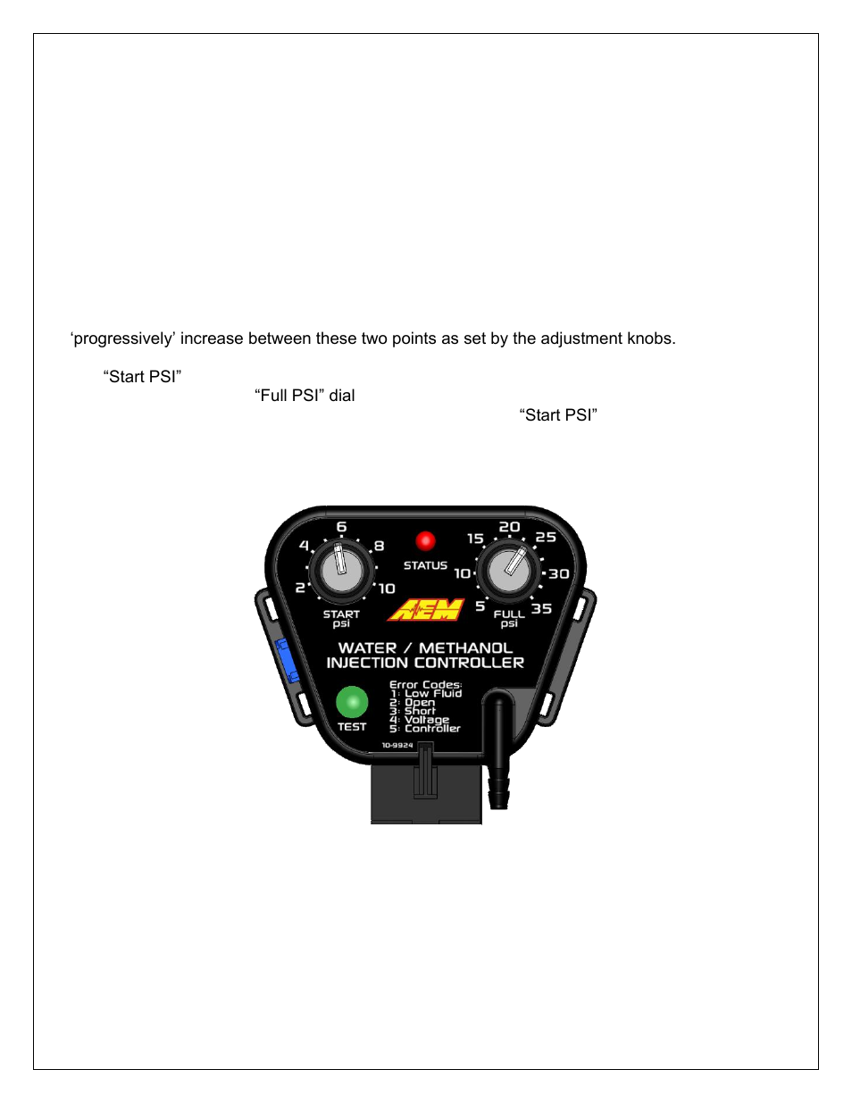 Controller, Settings, Status led | AEM 30-3301 V2 Water Methanol Injection Kit HD Controller User Manual | Page 14 / 19