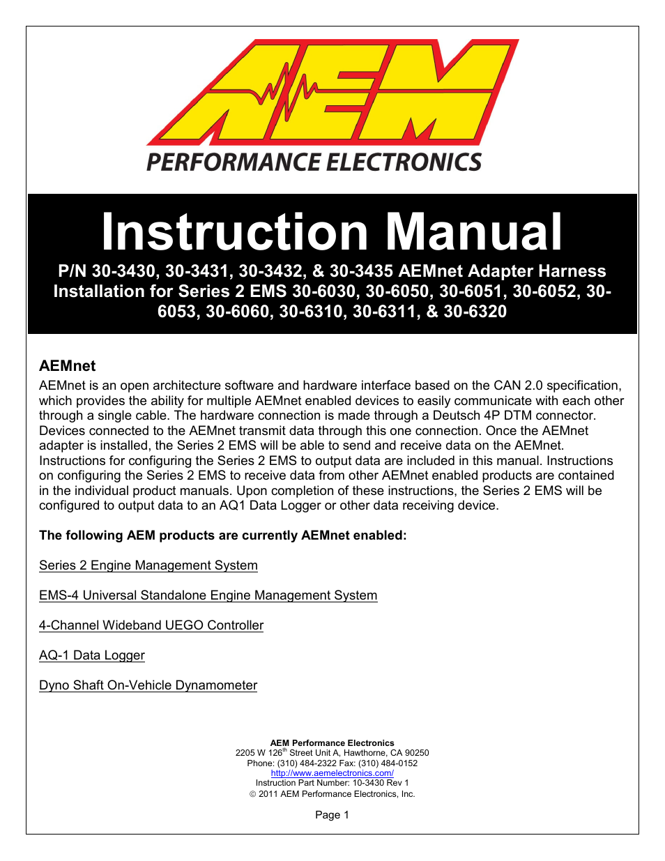 AEM 30-3432 Series 2 AEMnet Adapter User Manual | 8 pages