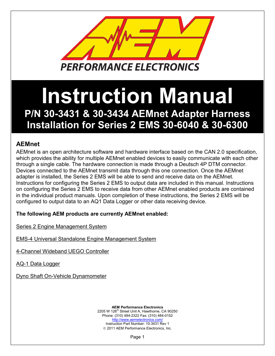 AEM 30-3434 Series 2 AEMnet Adapter User Manual | 8 pages