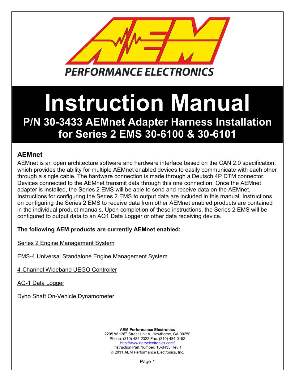 AEM 30-3433 Series 2 AEMnet Adapter User Manual | 8 pages