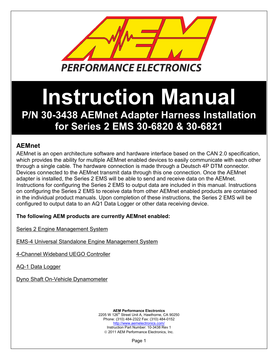 AEM 30-3438 Series 2 AEMnet Adapter User Manual | 7 pages