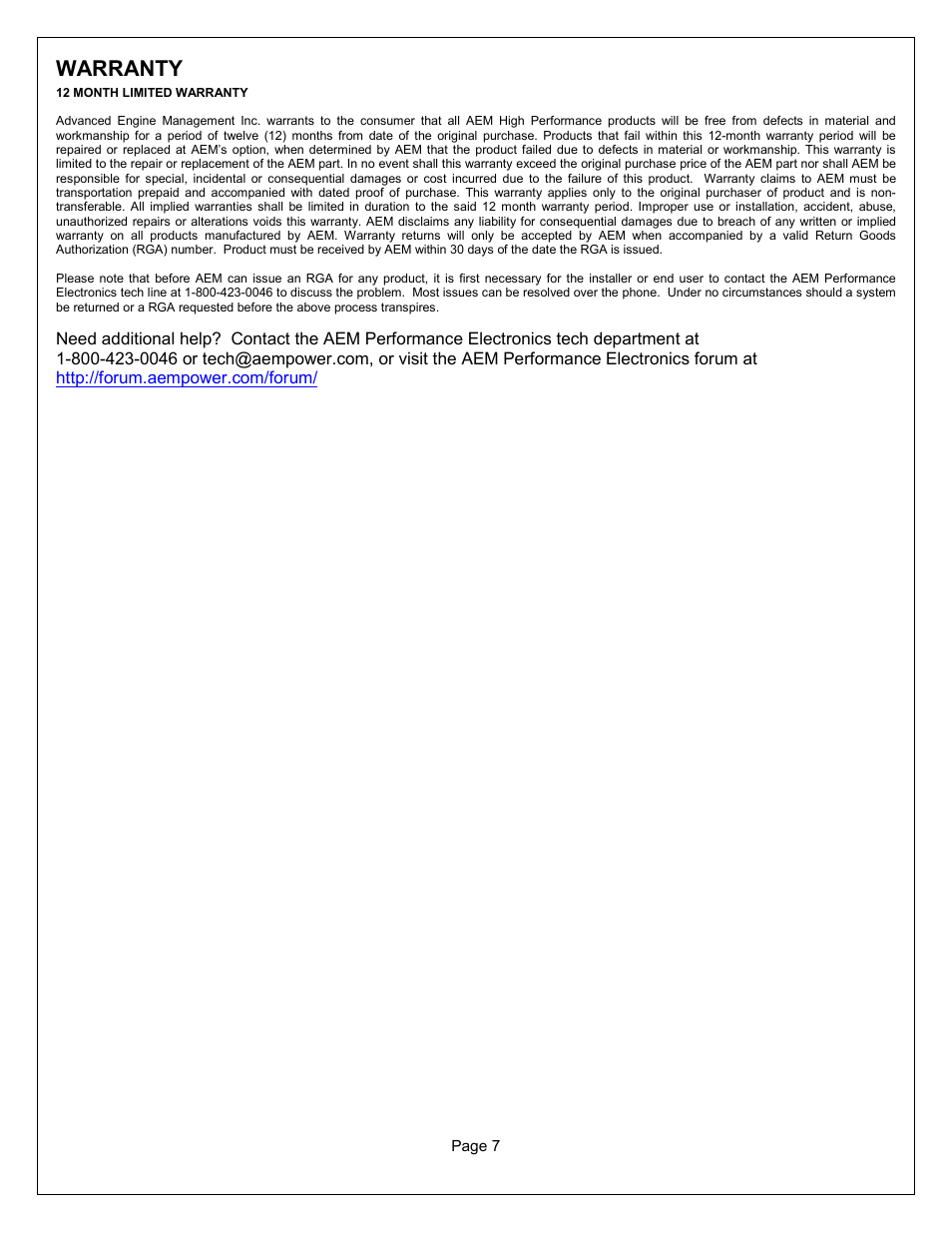 Warranty | AEM 30-3438 Series 2 AEMnet Adapter User Manual | Page 7 / 7