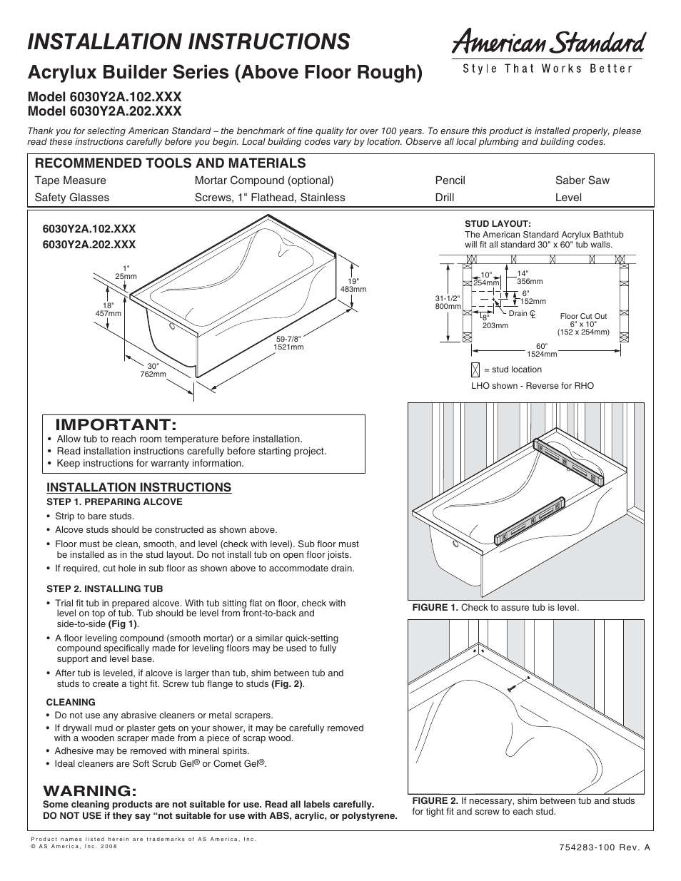 American Standard Acrylux Builder Series 6030Y2A.102.XXX User Manual | 2 pages